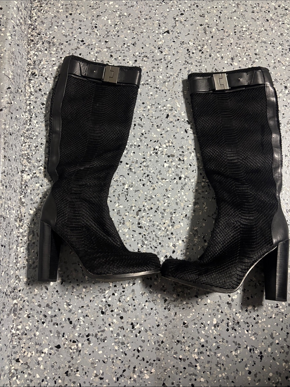 Rachel Zoe Black Textured Mid-Calf Heeled Boots